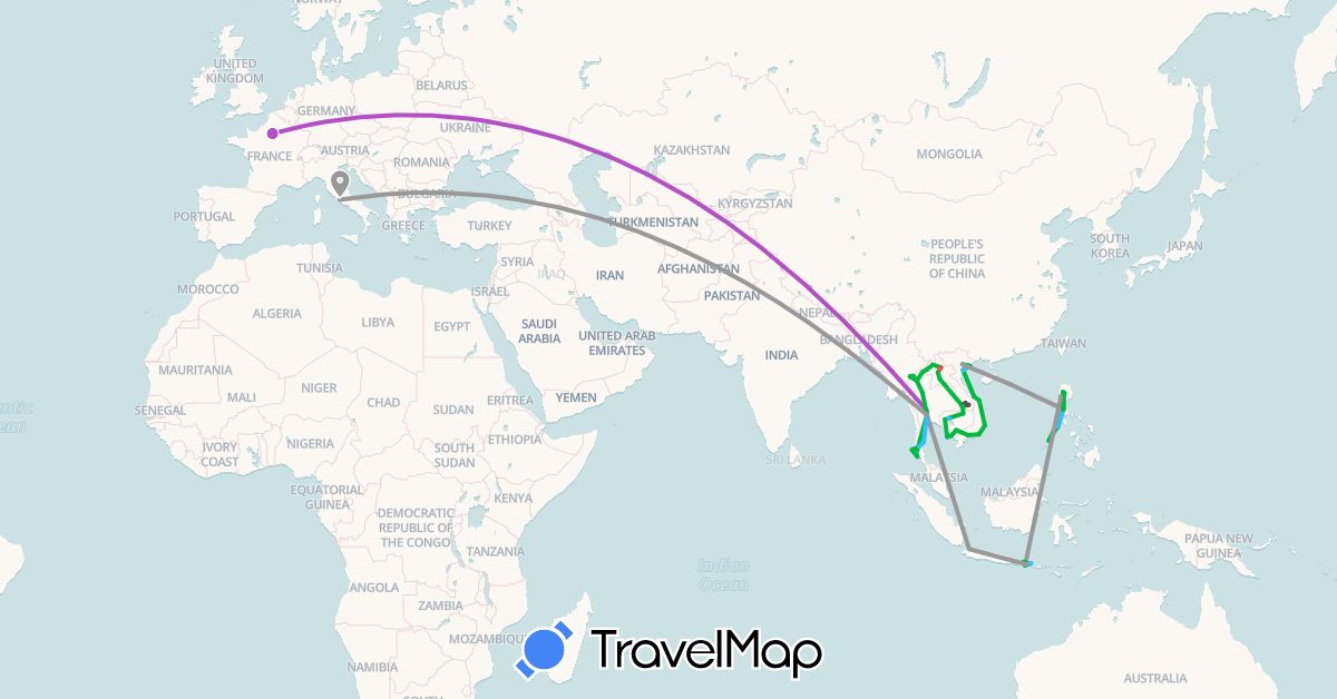 TravelMap itinerary: bus, plane, train, hiking, boat, motorbike in France, Indonesia, Italy, Cambodia, Laos, Philippines, Thailand, Vietnam (Asia, Europe)